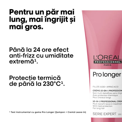 Professzionális, nem kiöblítendő krém a hajhossz erősítésére és helyreállítására, L'Oreal Professionnel Serie Expert Pro Longer, Filler A-100 töltőanyaggal, fényt ad, 230°C hővédelemmel, gubancolódásgátló, szulfátmentes, 150ml