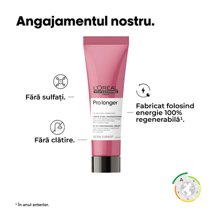 Professzionális, nem kiöblítendő krém a hajhossz erősítésére és helyreállítására, L'Oreal Professionnel Serie Expert Pro Longer, Filler A-100 töltőanyaggal, fényt ad, 230°C hővédelemmel, gubancolódásgátló, szulfátmentes, 150ml