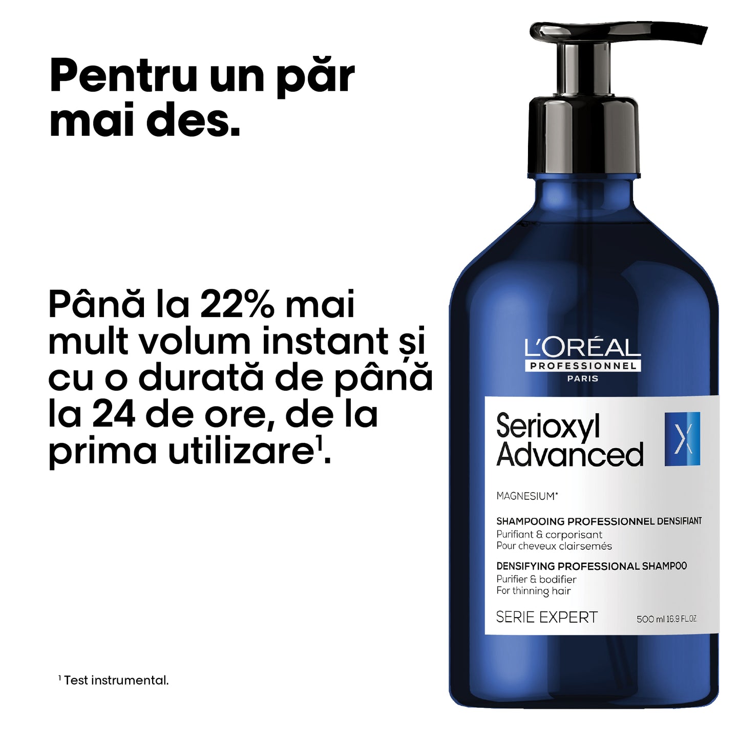 Tisztító sampon a nagyobb dús hajért, vékonyszálú hajra L'Oréal Professionnel Serie Expert Serioxyl Advanced, magnéziummal, szilikon és alkohol nélkül, 500ml 
