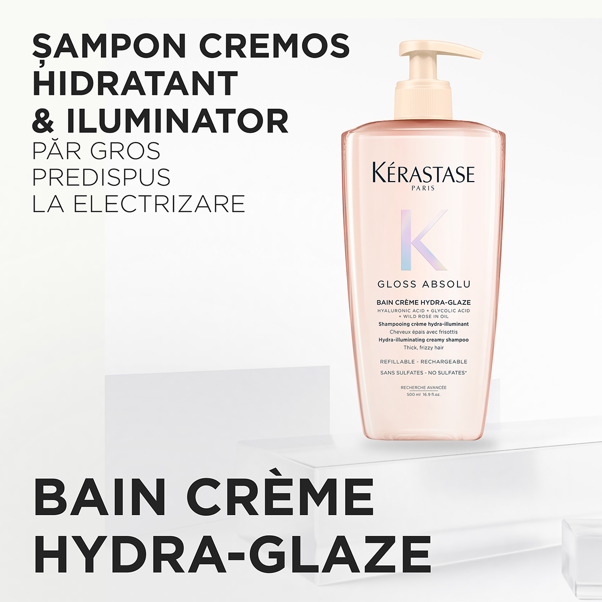 Kérastase Gloss Absolu Bain Crème Hydra-Glaze 500ml – Újratölthető krém állagú, szöszösödésgátló sampon vastag hajra