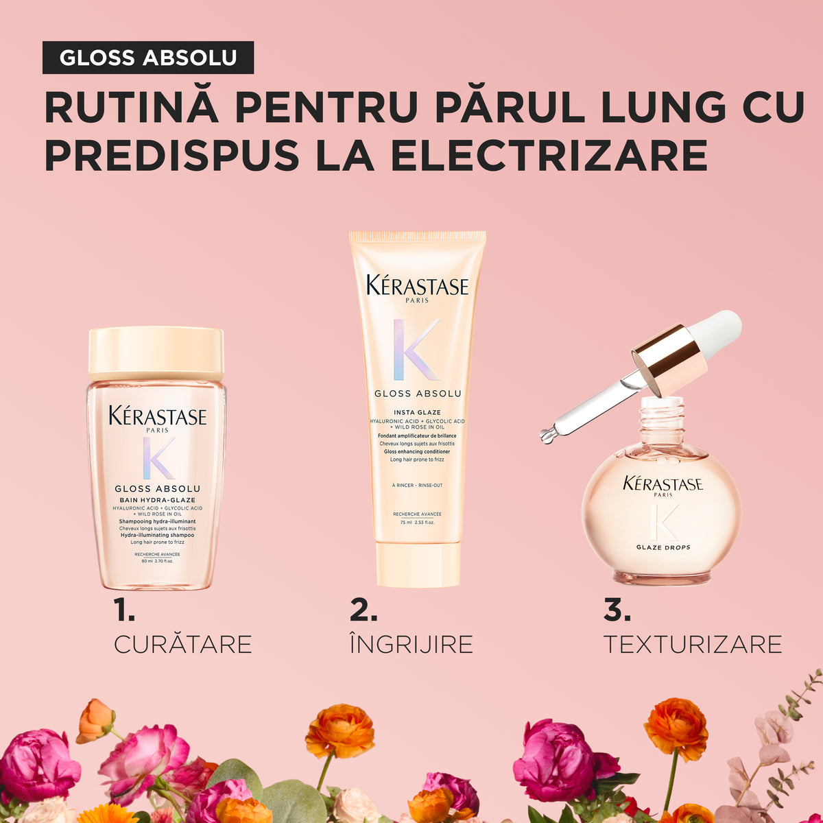 Tavaszi szett hosszú, göndörödésre hajlamos hajra – Kérastase Gloss Absolu Bain + Fondant + Glaze Drops 80+75+45 ml