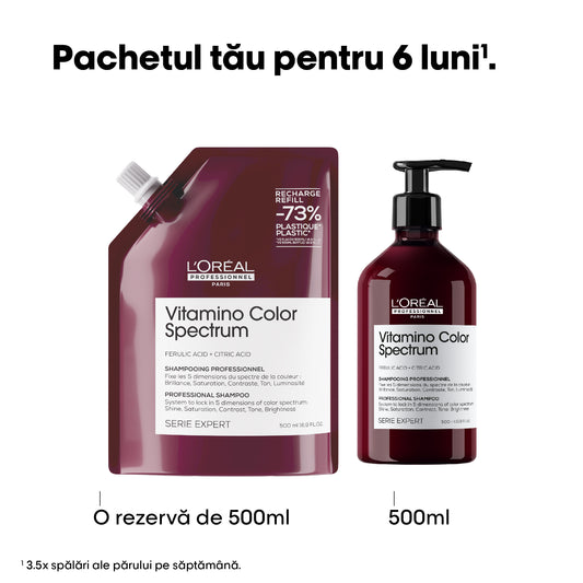 L'Oreal Professionnel SE Vitamino Color Spectrum samponcsomag festett hajra, színfixálásért, selymesebb és erősebb hajért, szulfátok nélküli citromsavval és szulfátmentes citromsavval, vegán termék, 500ml + Utántöltő, 500ml