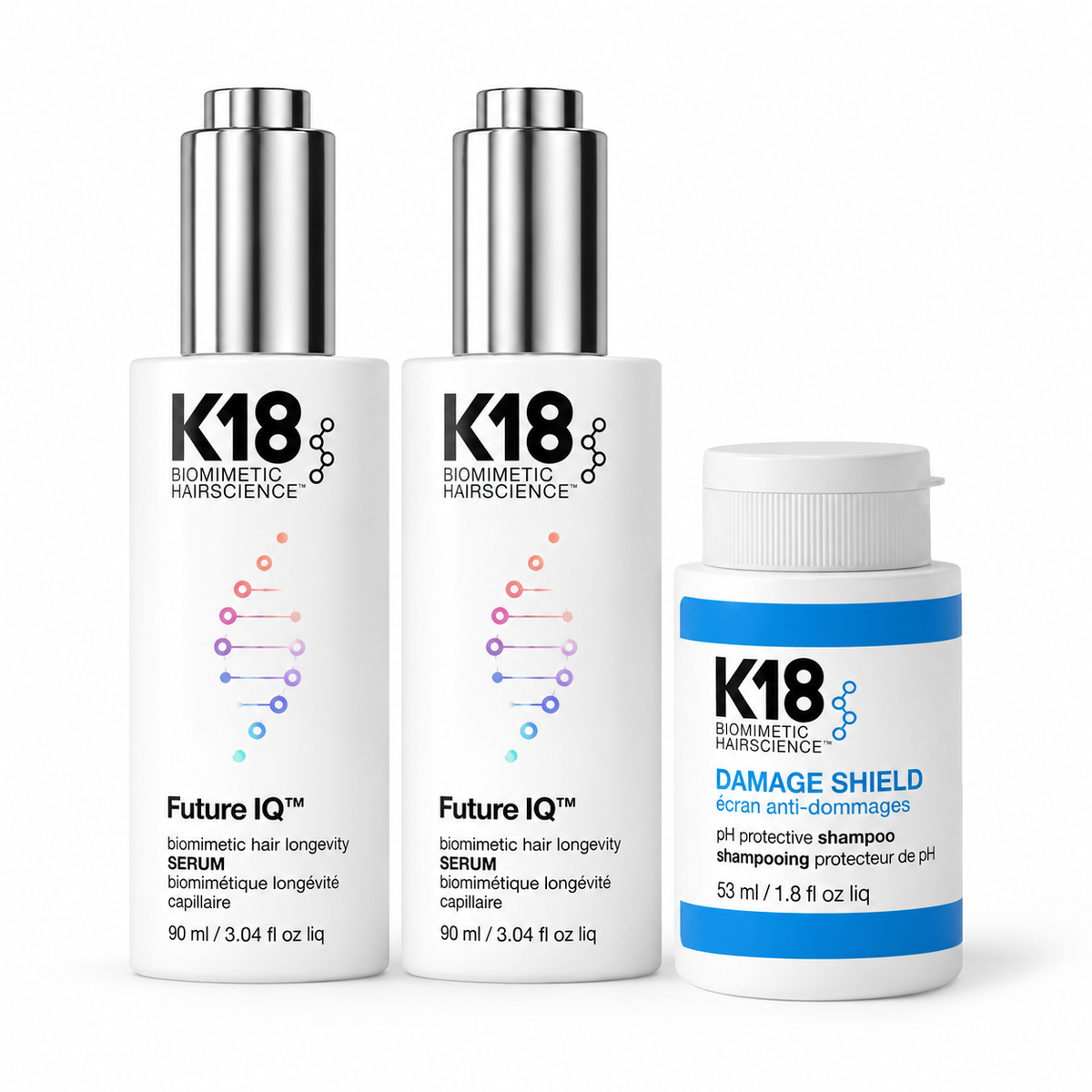 Bundle K18 Future IQ: 2 × Hair Longevity Serum 90 ml + Cadou șampon Damage Shield 53 ml