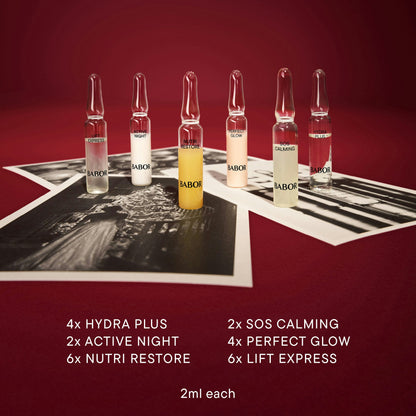 Cele șase fiole din calendar: Hydra Plus, Active Night, Nutri Restore, SOS Calming, Perfect Glow, Lift Express