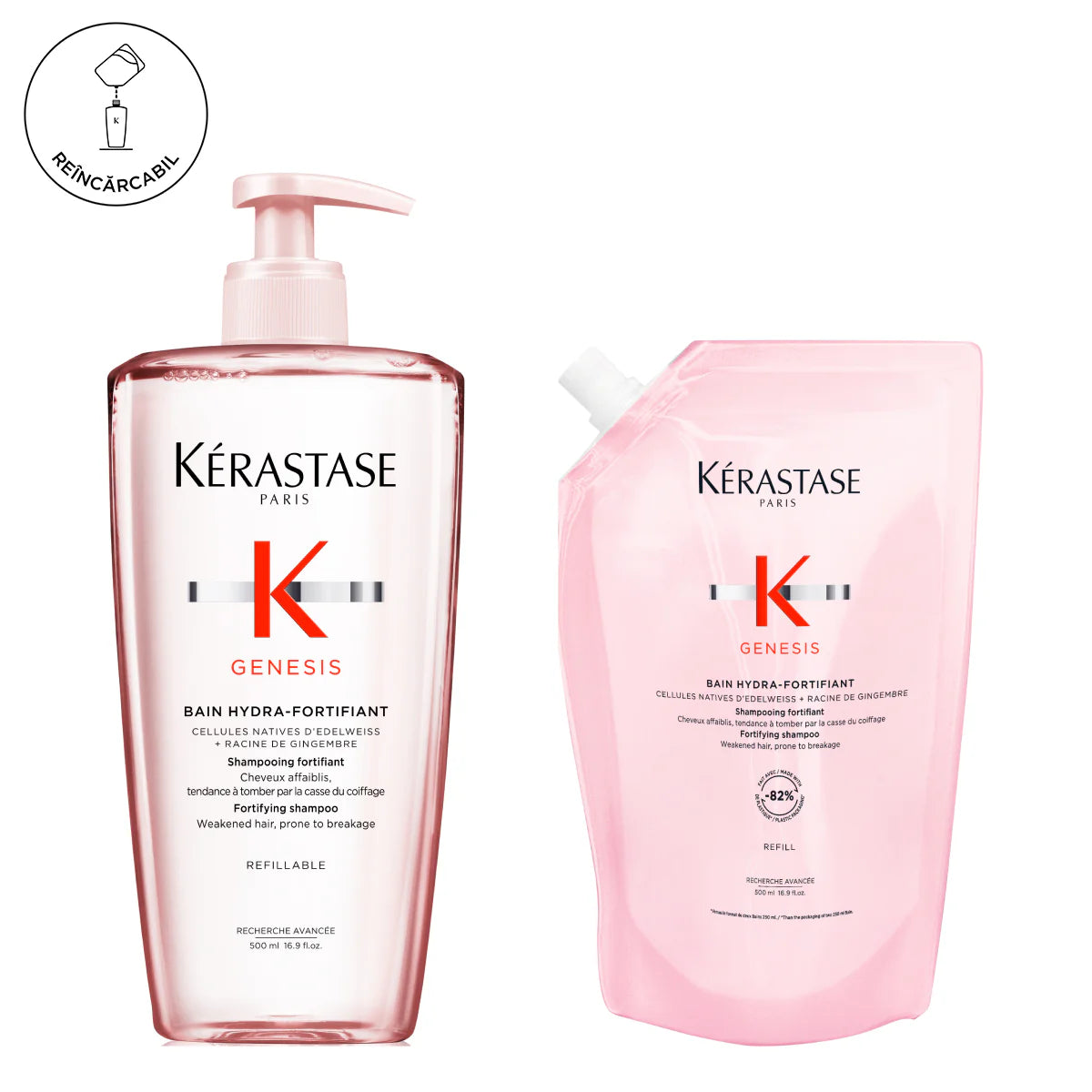 Készlet újratölthető hajhullás elleni sampon vékony és zsírosodó hajra — Kérastase Genesis Bain Hydra-Fortifiant 500ml + utántöltő 500ml