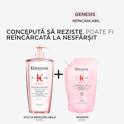Készlet újratölthető hajhullás elleni sampon vékony és zsírosodó hajra — Kérastase Genesis Bain Hydra-Fortifiant 500ml + utántöltő 500ml
