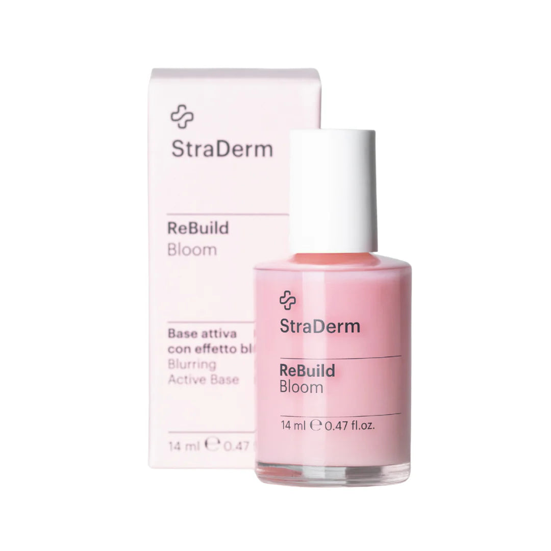 StraDerm ReBuild Bloom – Alapkezelés törékeny körmökre, rózsaszín blur hatással, 14 ml